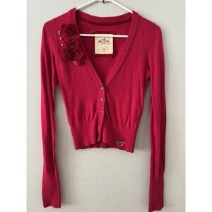 Hollister Women's Hot Pink Cardigan Sweater‎ Flower Rhinestone Detail Sz XS Y2K